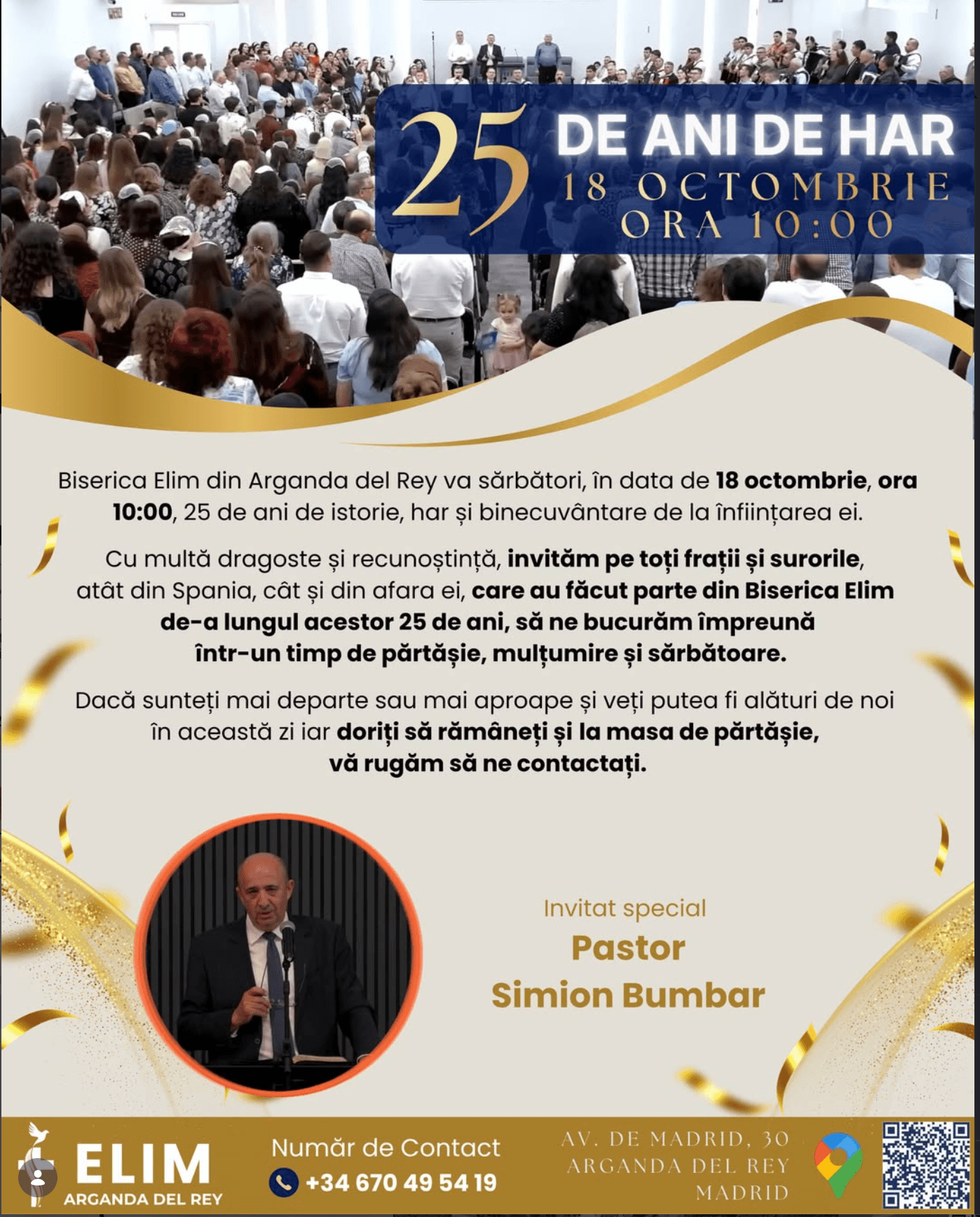 Afiș aniversar 25 de ani de har, Biserica Elim din Arganda del Rey, cu pastorul Simion Bumbar