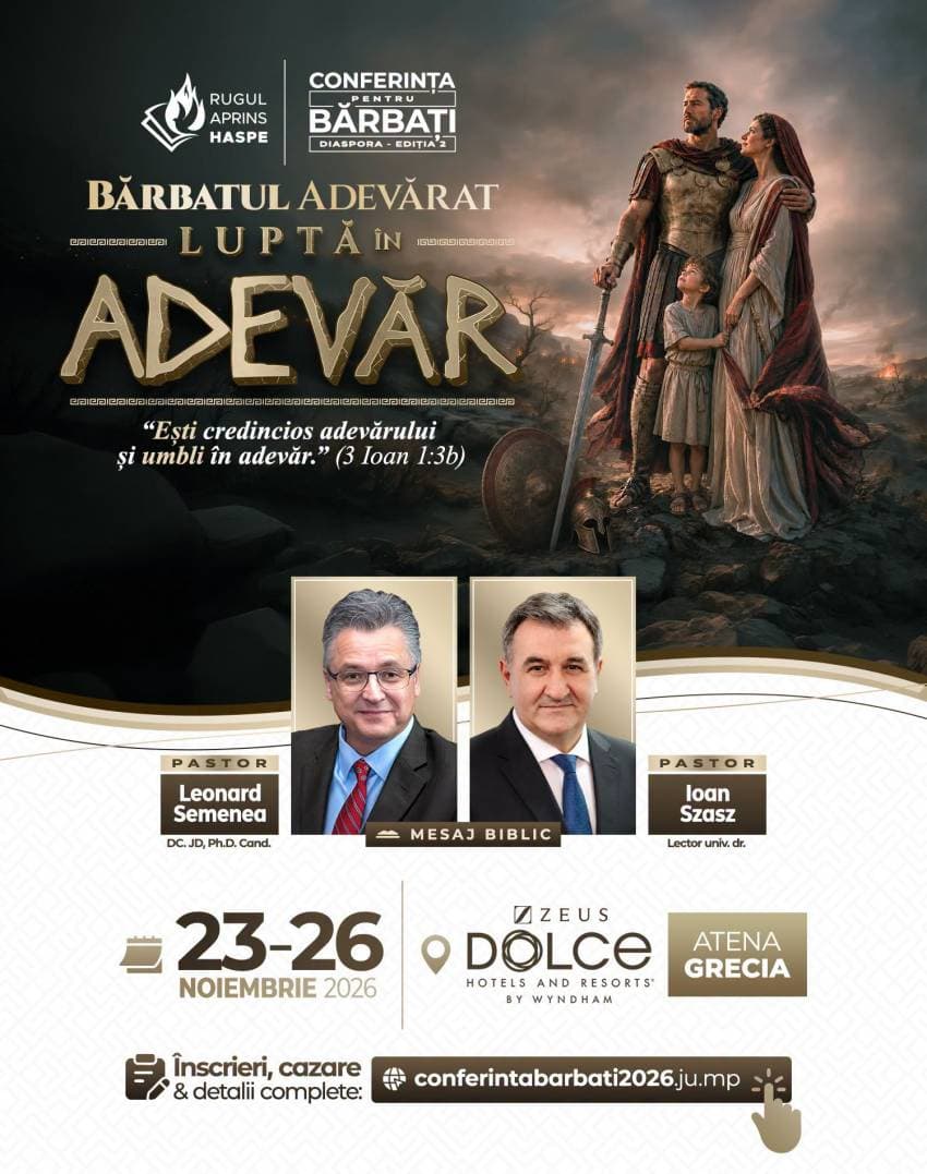 Afișul Conferinței pentru Bărbați Diaspora, Bărbatul adevărat luptă în adevăr, 23–26 noiembrie 2026, Zeus Dolce Atena, cu pastorii Leonard Semenea și Ioan Szasz