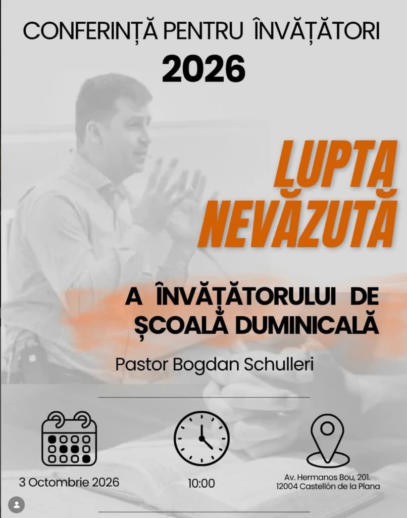 Afiș oficial Conferință pentru învățători 2026 — Lupta nevăzută a învățătorului de școală duminicală, Castellón