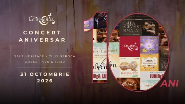 Afișul concertului aniversar Consonantis, 10 ani, Sala Héritage, Cluj-Napoca, 31 octombrie 2026, orele 17:00 și 19:30
