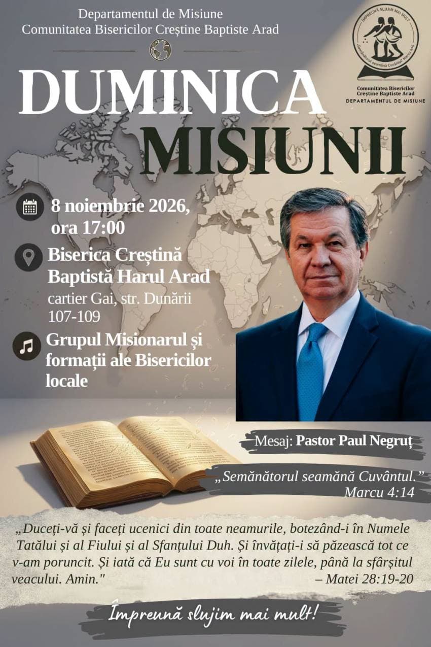 Afișul Duminicii Misiunii, 8 noiembrie 2026, ora 17:00, Biserica Creștină Baptistă Harul Arad, cu pastorul Paul Negruț