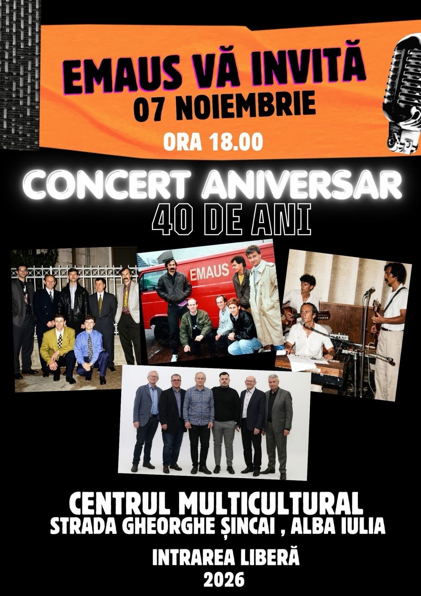 Afișul concertului aniversar Emaus, 40 de ani, 7 noiembrie 2026, ora 18:00, Centrul Multicultural Alba Iulia, intrarea liberă