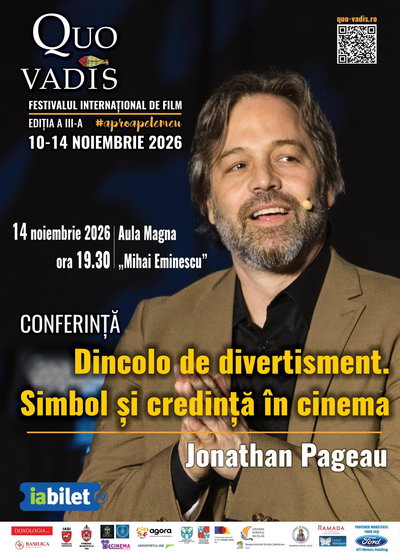 Afișul conferinței Jonathan Pageau, Dincolo de divertisment. Simbol și credință în cinema, Festivalul Quo Vadis, Aula Magna, 14 noiembrie 2026