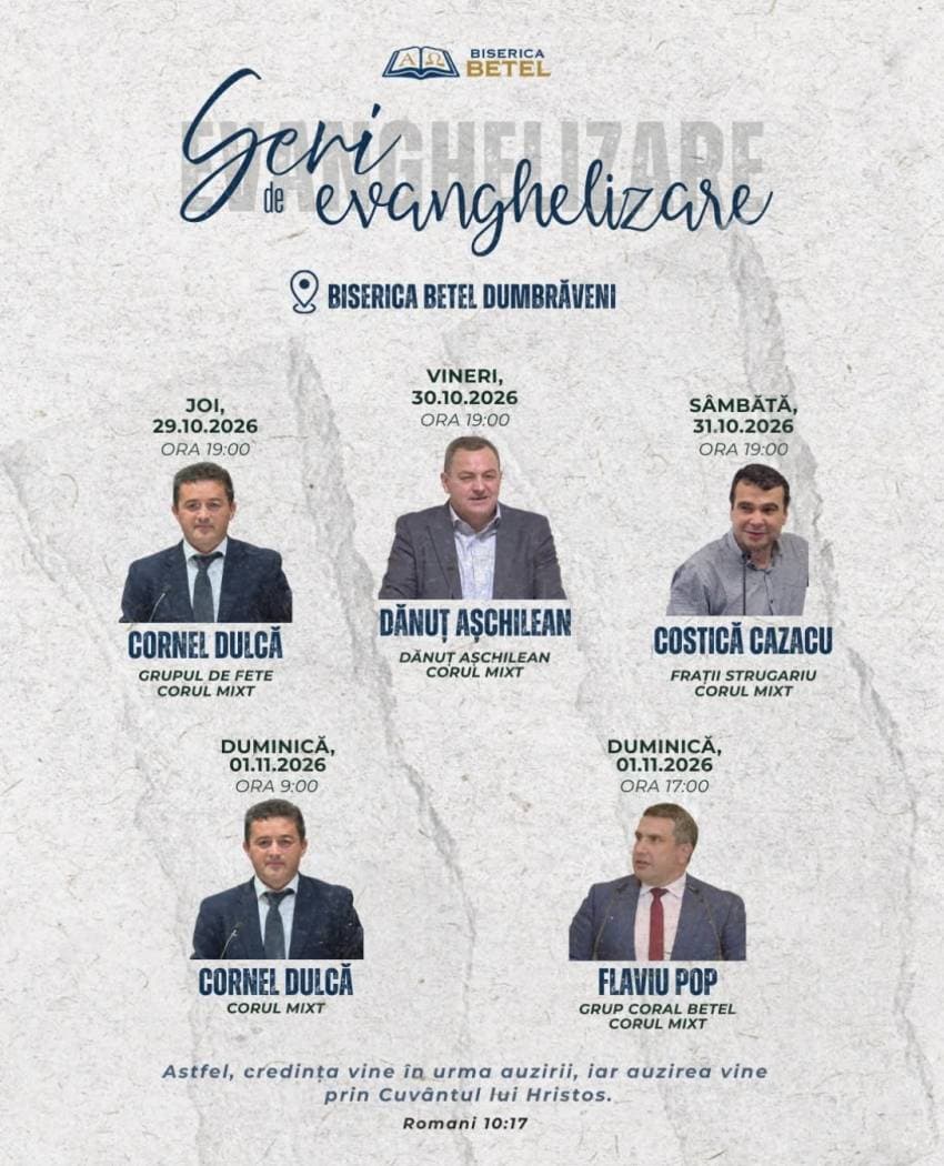 Afișul serilor de evanghelizare de la Biserica Betel Dumbrăveni, 29 octombrie – 1 noiembrie 2026
