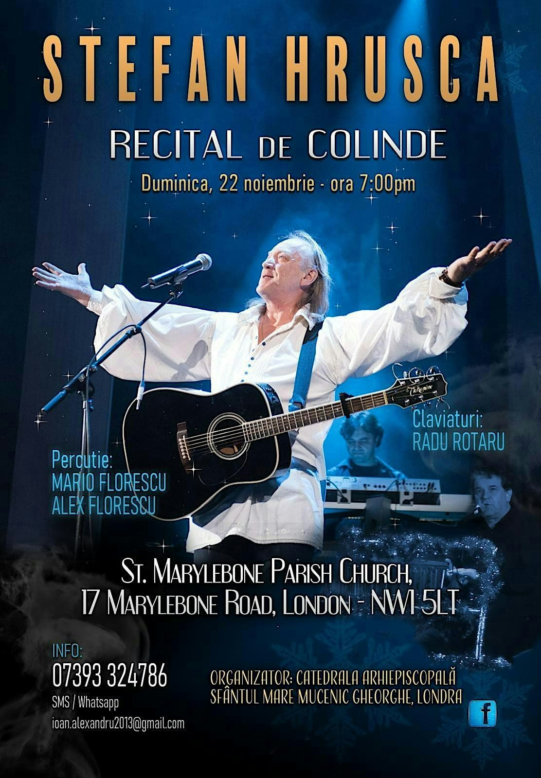 Afișul recitalului de colinde Ștefan Hrușcă, duminică, 22 noiembrie, ora 19:00, St Marylebone Parish Church, Londra