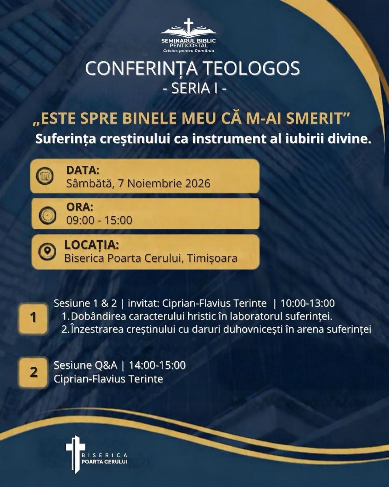 Afișul Conferinței TeoLogos, seria I, 7 noiembrie 2026, Biserica Poarta Cerului din Timișoara, cu Ciprian-Flavius Terinte