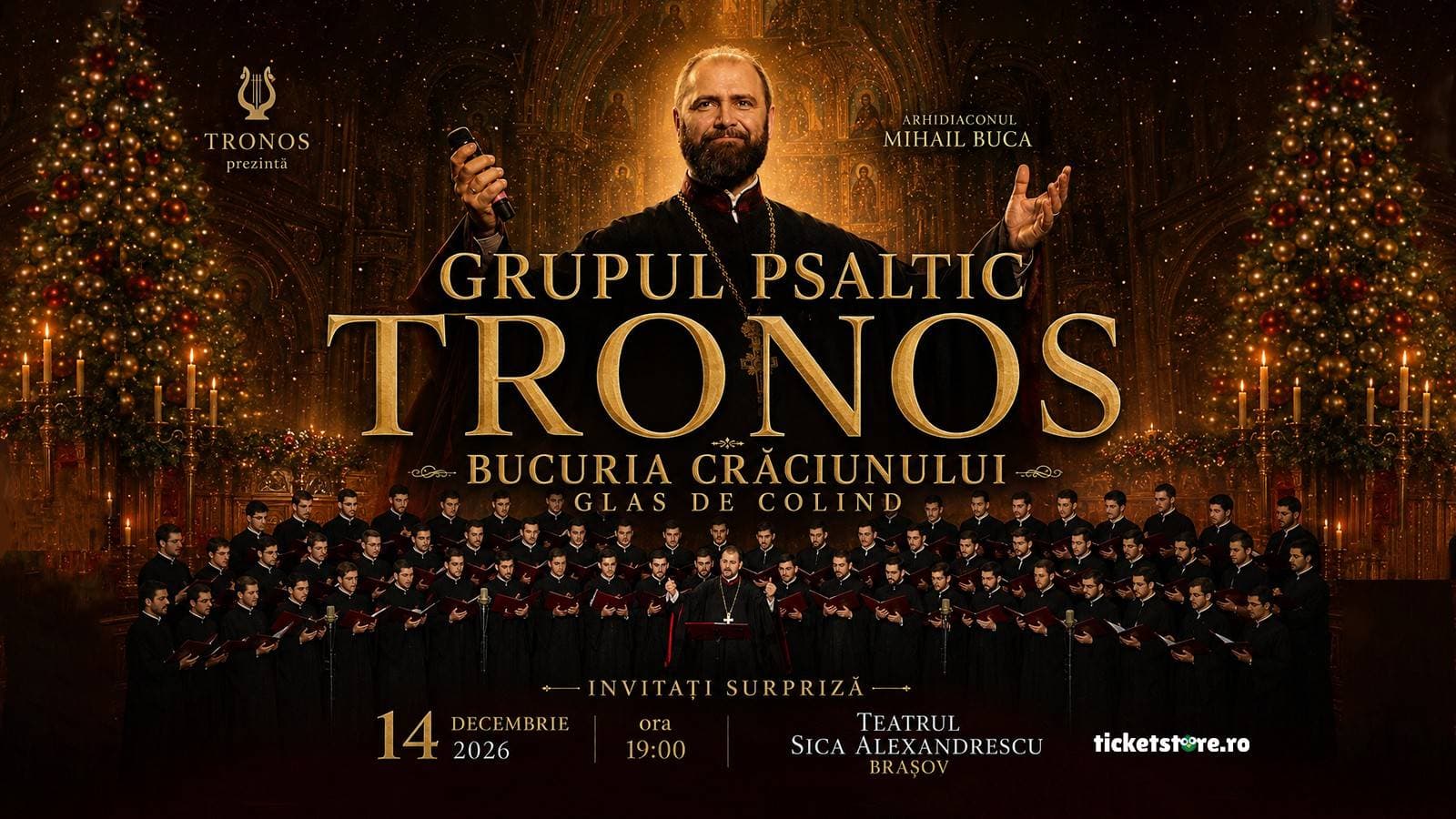 Afișul concertului Bucuria Crăciunului, Glas de colind, Grupul Psaltic Tronos, 14 decembrie 2026, Teatrul Sică Alexandrescu, Brașov
