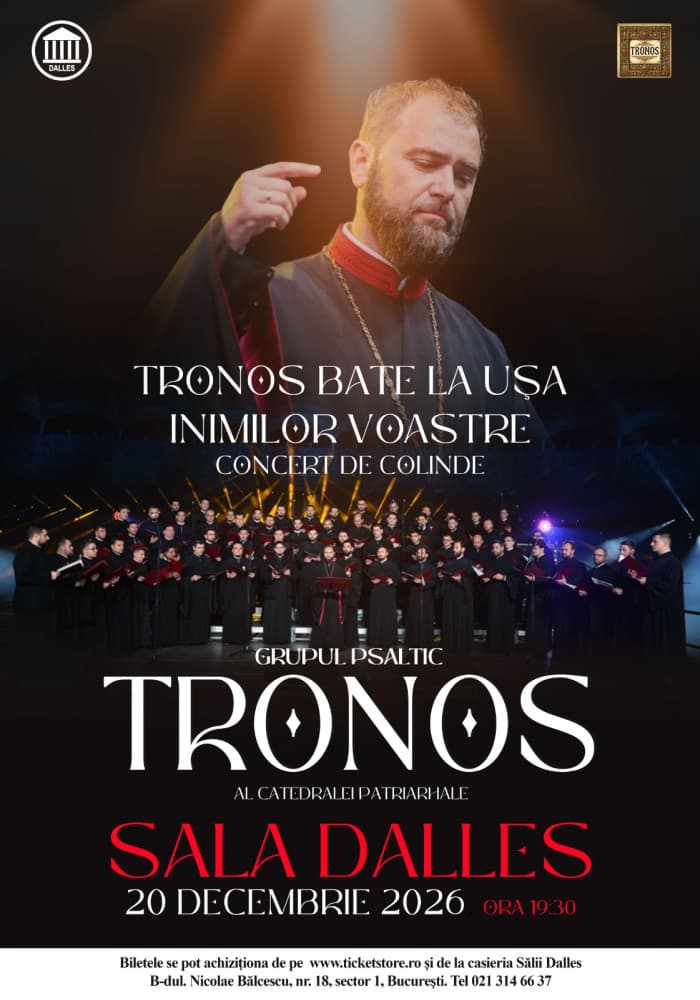 Afișul concertului de colinde Tronos bate la ușa inimilor voastre, Grupul Psaltic Tronos, Sala Dalles, 20 decembrie 2026