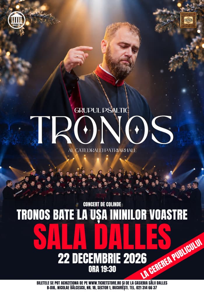 Afișul concertului de colinde Tronos bate la ușa inimilor voastre, Sala Dalles, 22 decembrie 2026, ora 19:30, la cererea publicului